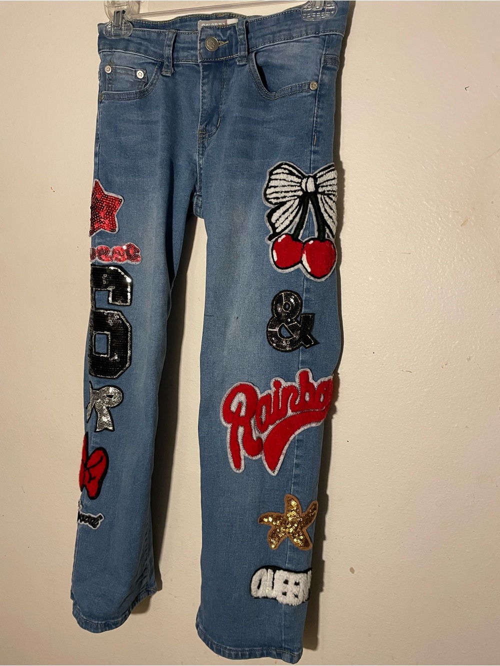 Denim Jeans with Cherry & Patchwork Embellishments